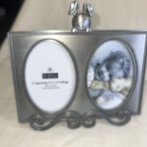 Burnes of Boston Bunny Rabbit Double Picture Frame Silver Tone Brushed Metal